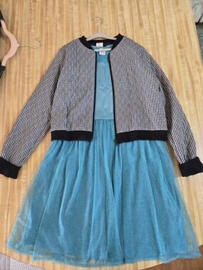 wonder nation Teal Sparkle Dress with Black & White Houndstooth Jacket
